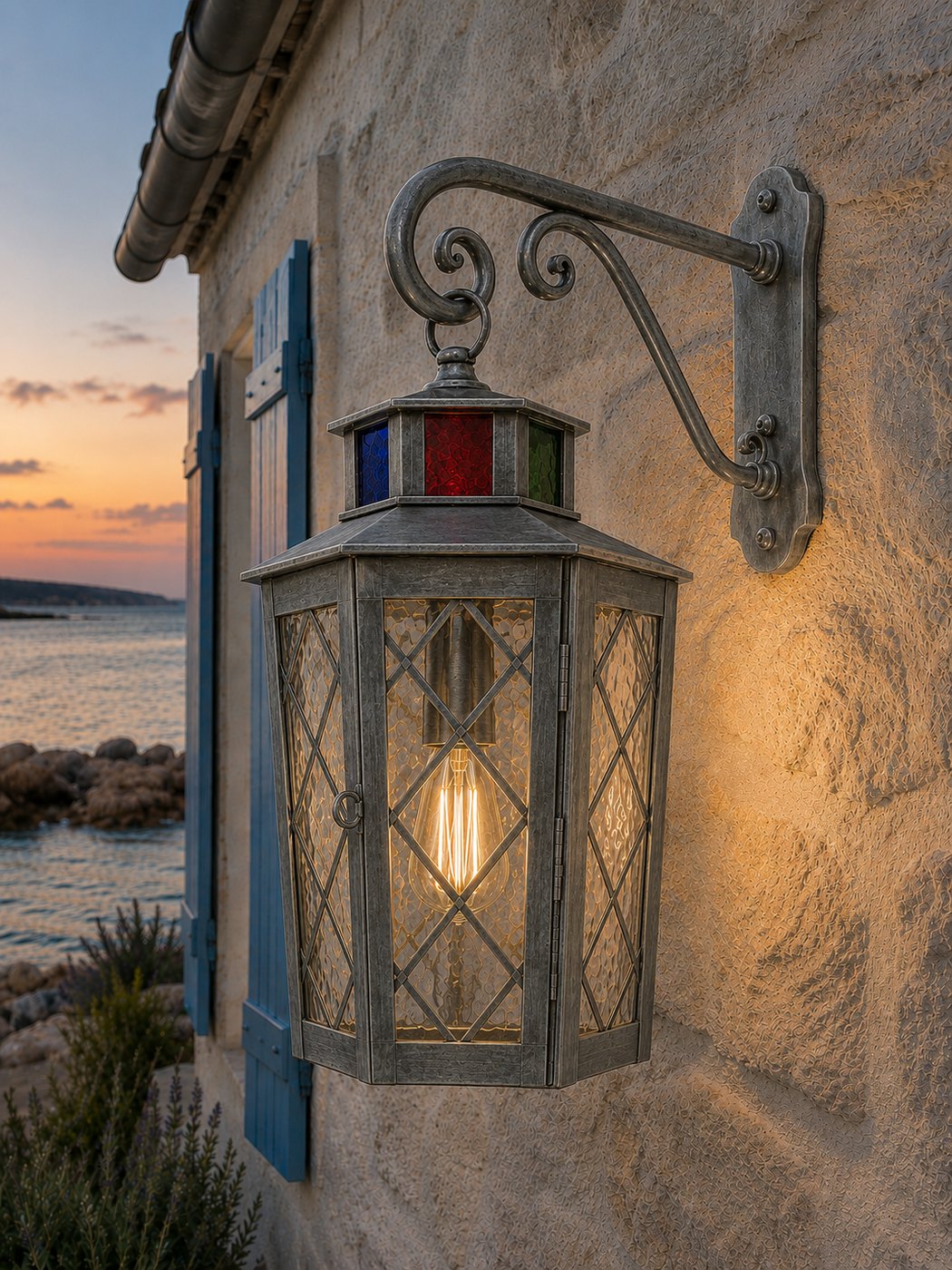 Lanterne murale en zinc patiné sur potence à volutes, vitraux colorés, façade en bord de mer