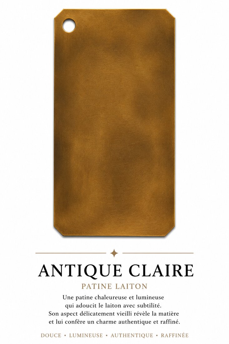 Échantillon de patine Antique Claire, patine laiton — Une patine chaleureuse et lumineuse, délicatement vieillie.