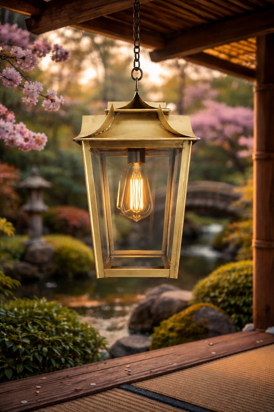 Lanterne suspendue en laiton de style pagode, ampoule allumée, dans un jardin japonais au printemps